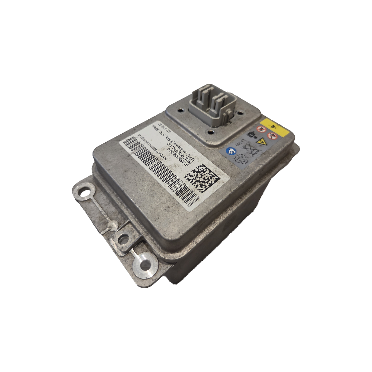 Tesla 12V lithium battery, raised angle showing the alloy mounting flange β 1598486-99-C
