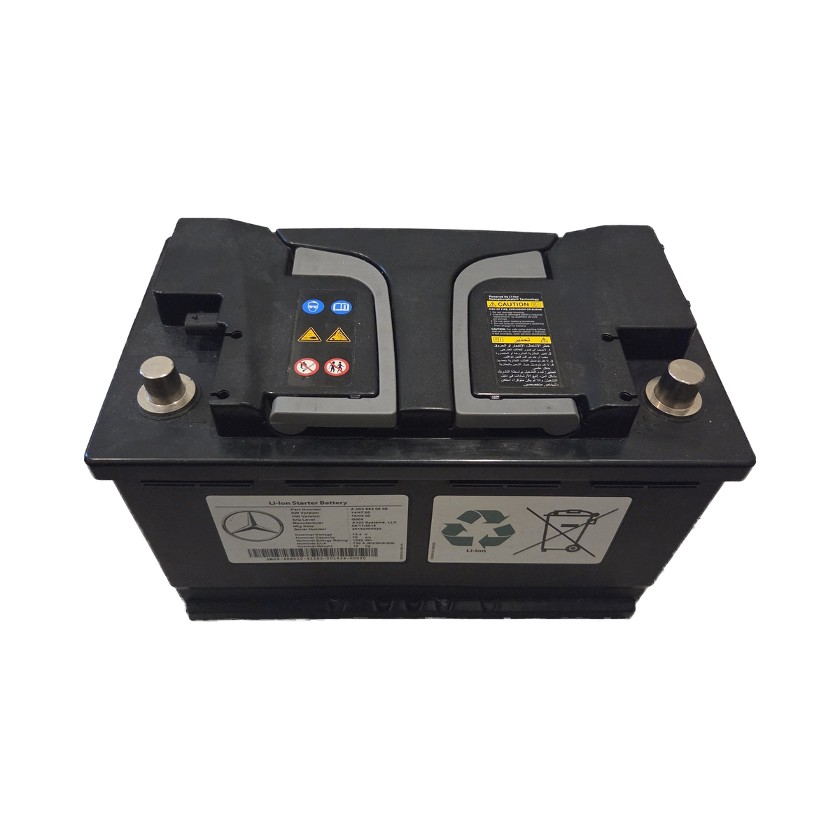 Mercedes-AMG 13.2V lithium starter battery, front view with the Mercedes-Benz OEM label – A0029820608