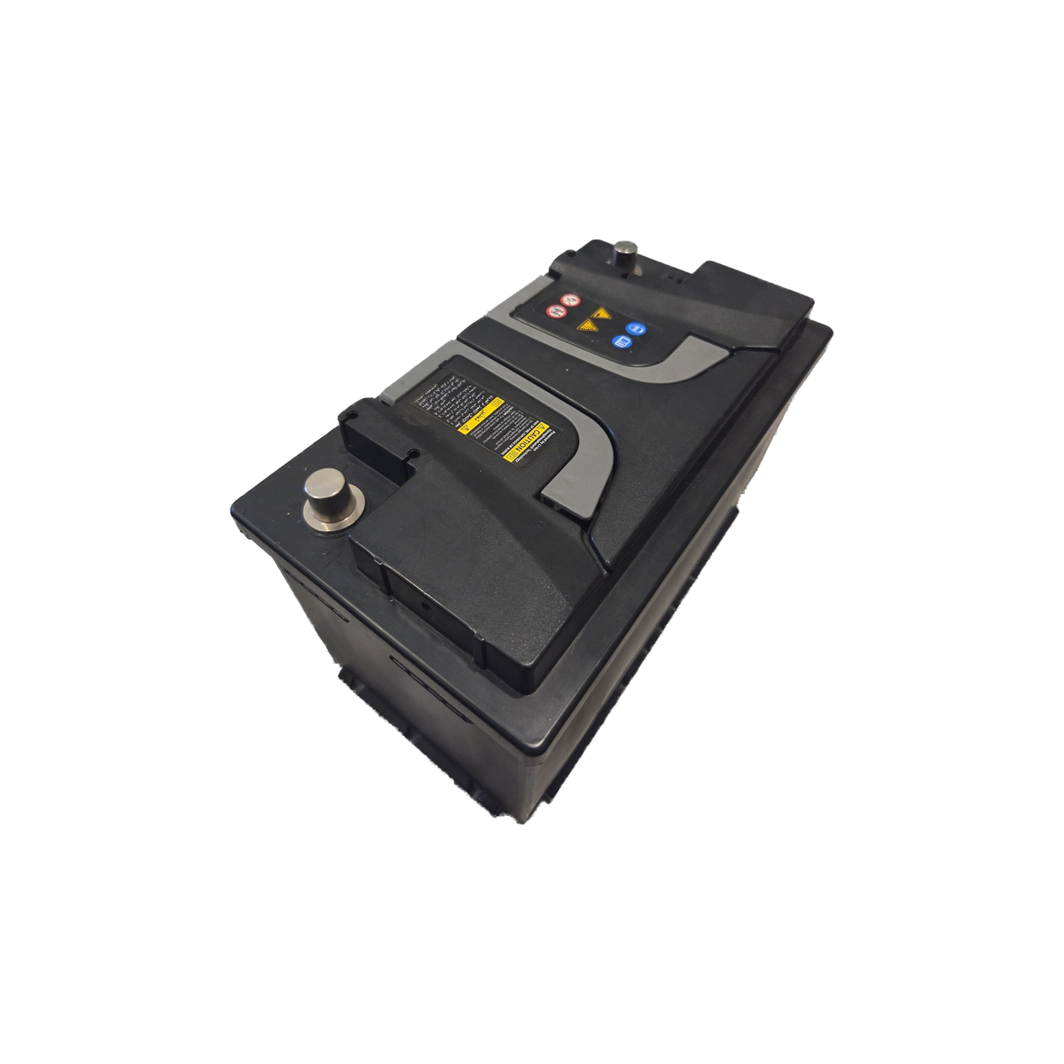 Mercedes-AMG 13.2V lithium starter battery, close-up of a terminal post and the CAUTION label – A0029820608