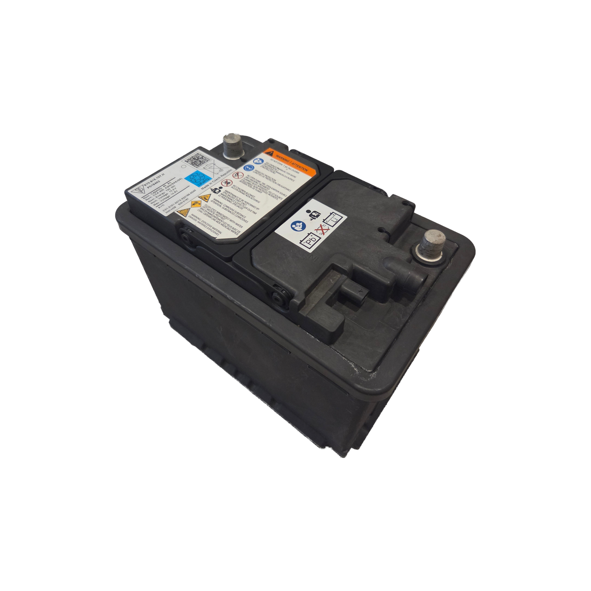 Porsche 12V lithium battery, angled view with the warning panel – 9Y0915107H