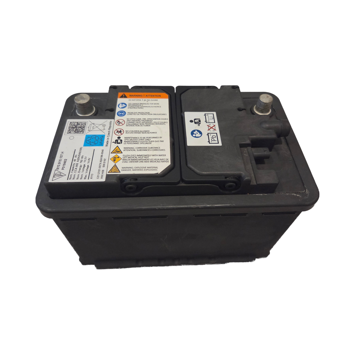 Porsche 12V lithium battery, label showing 60 Ah, 792 Wh and 13.2 V nominal – 9Y0915107H