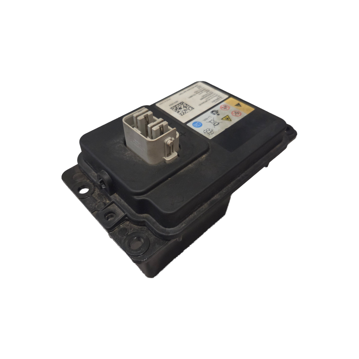 Tesla 12.8V lithium battery, close-up of the grey terminal connector – 1875662-00-E