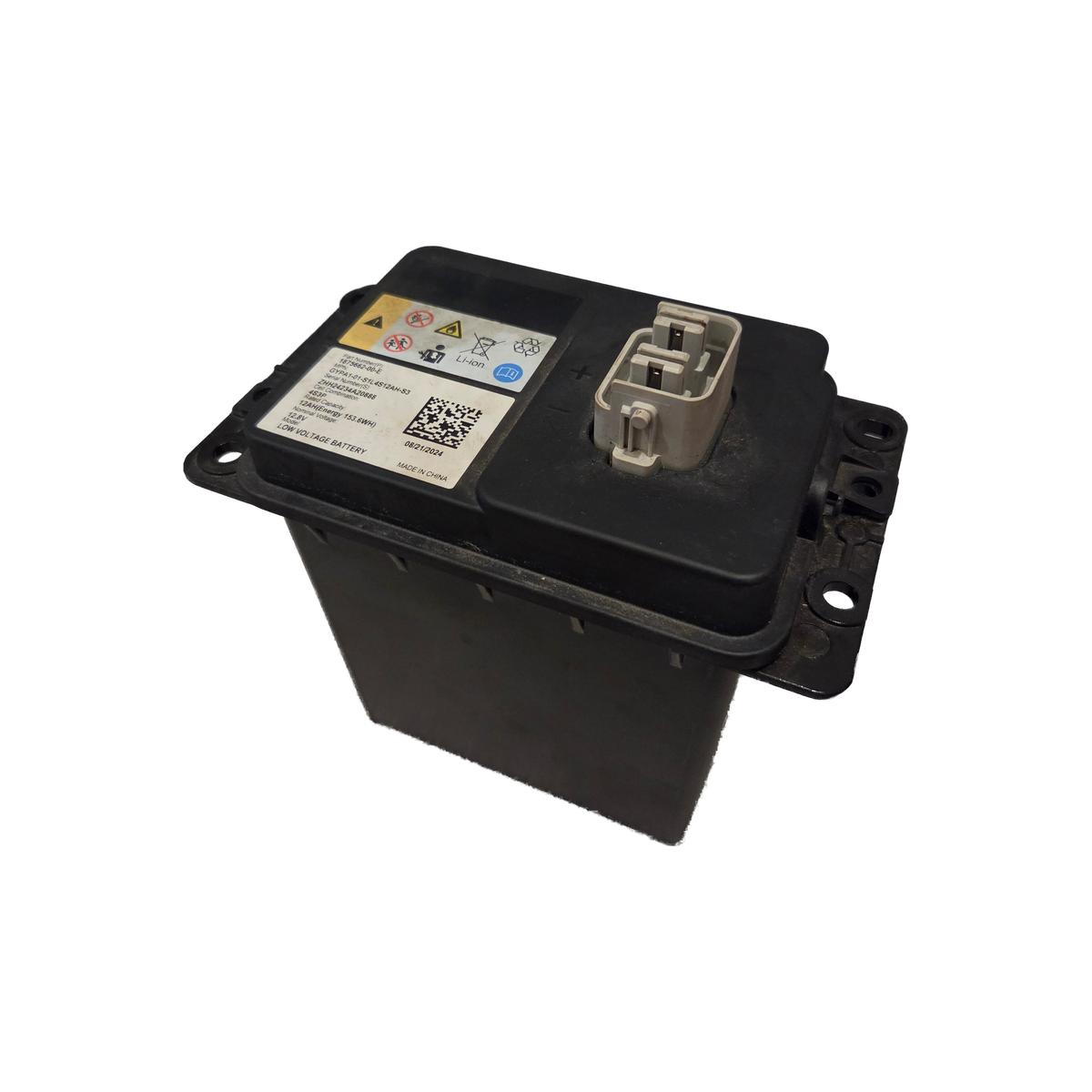 Tesla 12.8V lithium battery, front view of the black housing – 1875662-00-E