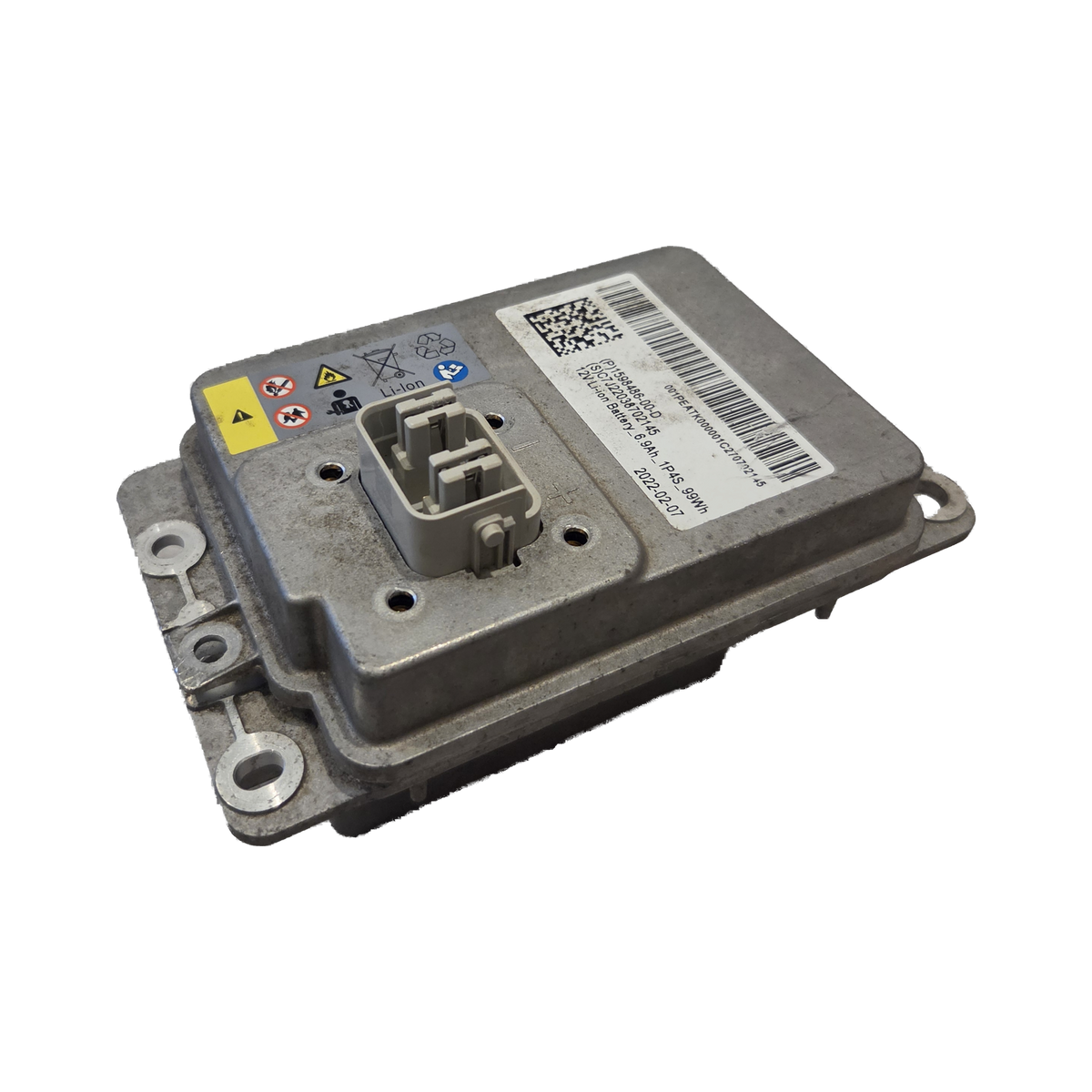 Tesla 12V lithium battery, front view with the connector and mounting tabs – 1598486-99-C