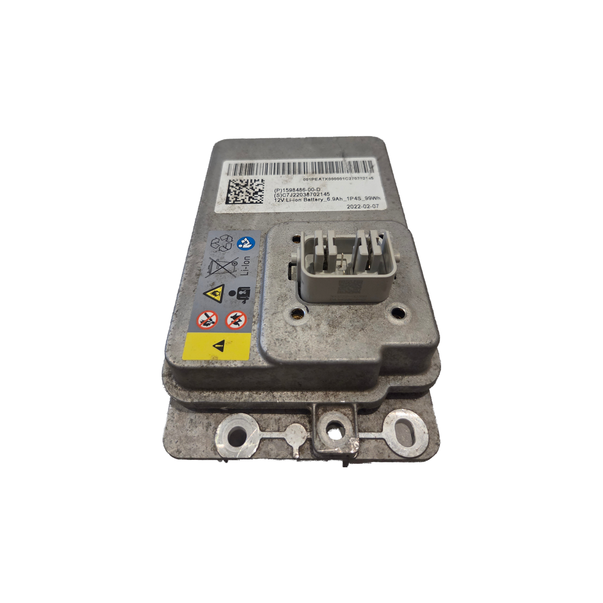 Tesla 16V lithium battery, part number label on the aluminium housing – 1598486-00-D